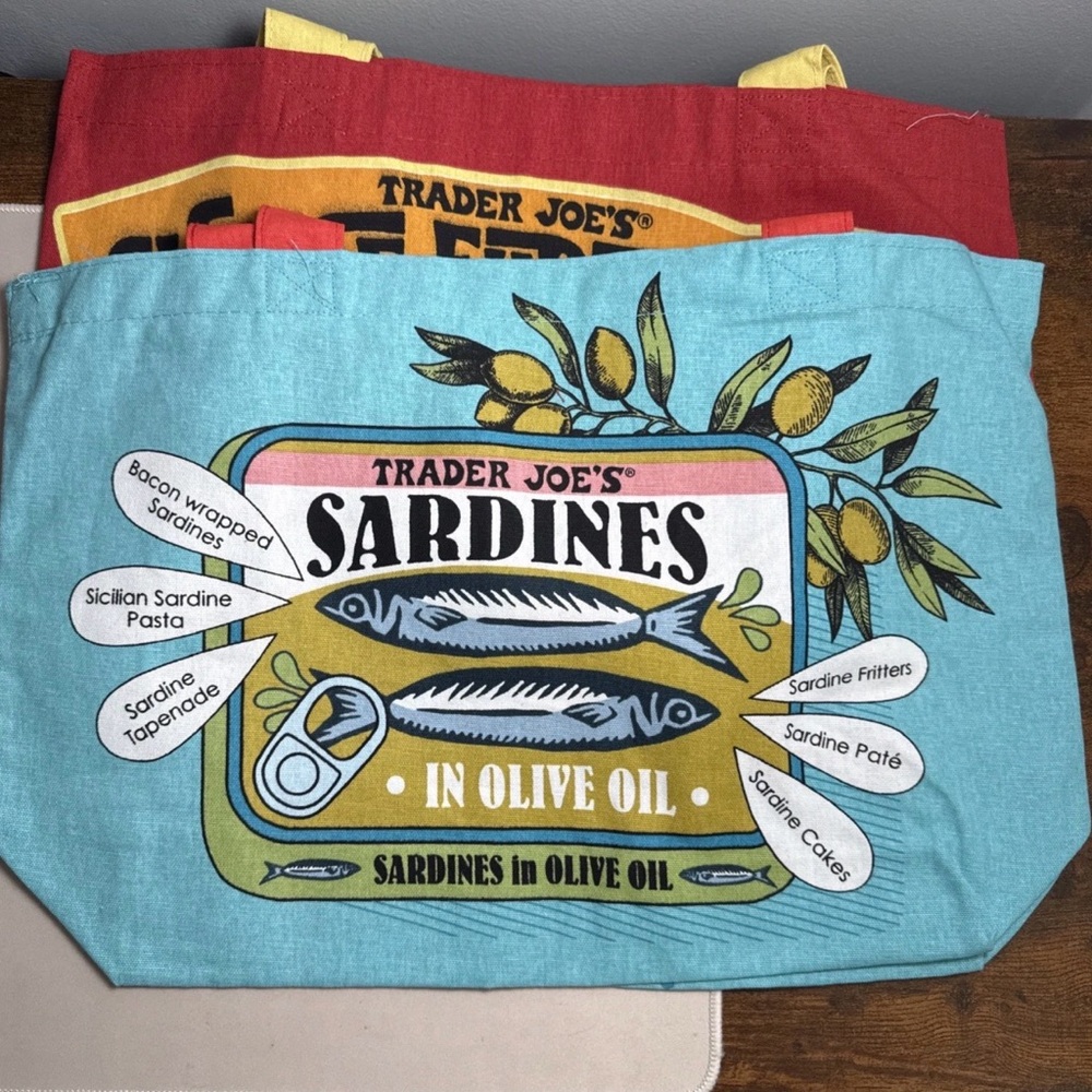 Trader Joe’s Reusable Canvas Tote Bags Sardine & Cheese Adventures Set of 2 USA